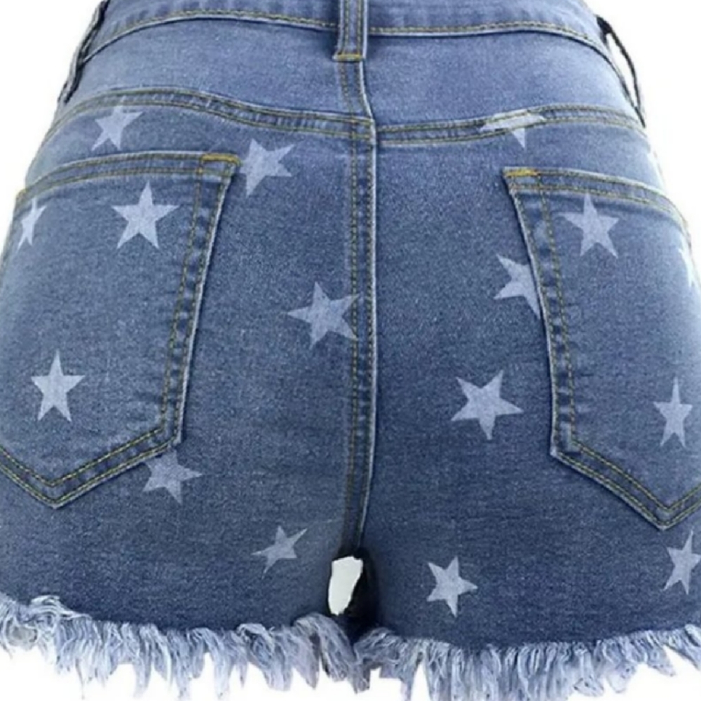 Star Print Denim Shorts with Frayed Hem Size Small - Picture 4 of 4